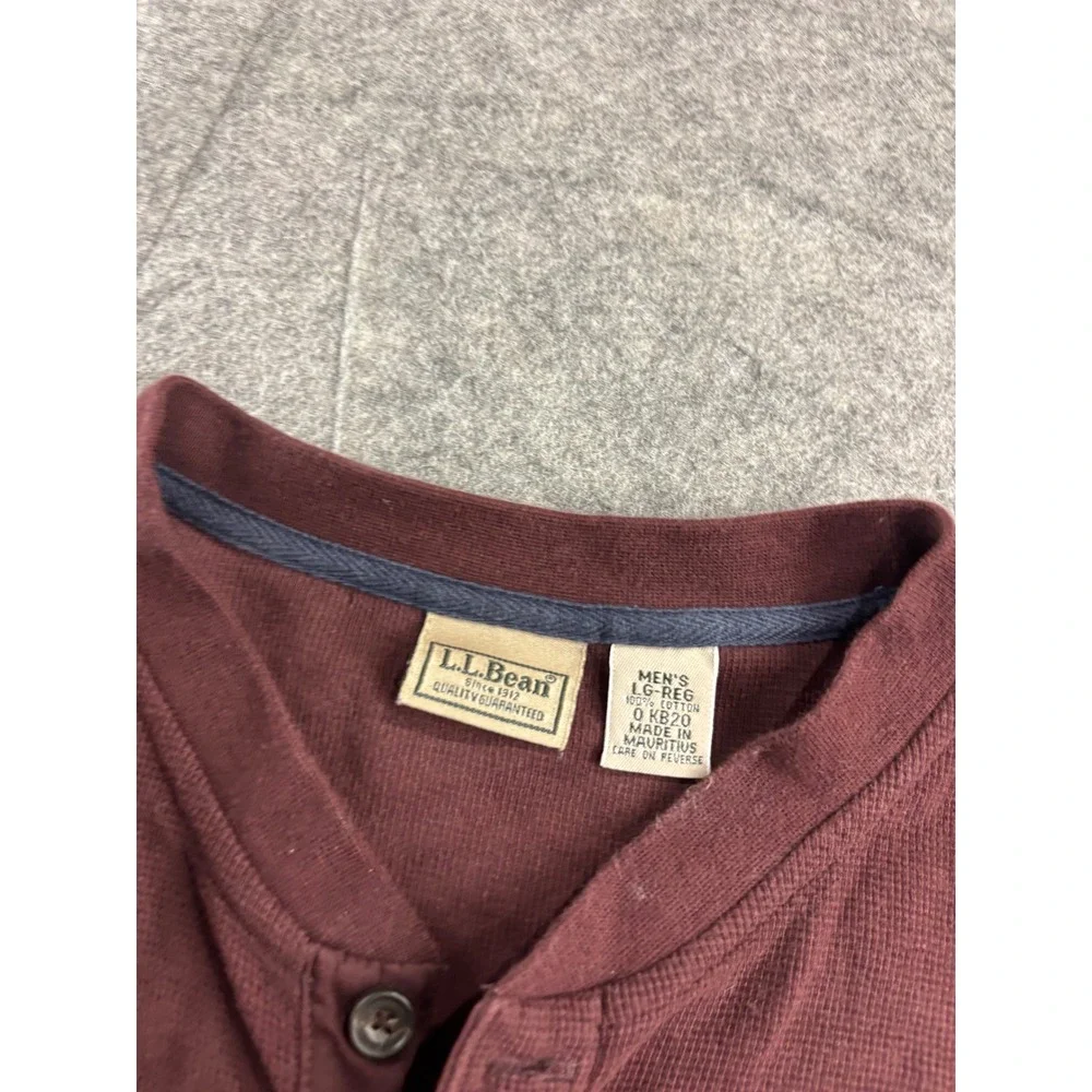 LL Bean Mens L Henley Shirt Red Waffle Knit Long Sleeve Cotton Granola Gorp